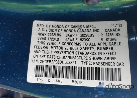 2013 Honda Civic Ex-L z USA, uszkodzony, nr VIN 2HGFB2F98DH503851